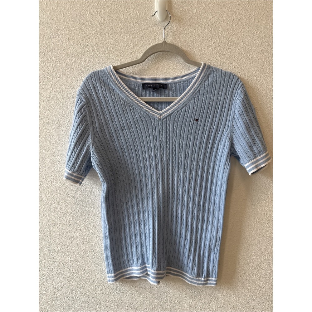 TOMMY HILFIGER CABLE KNIT SHORT SLEEVE COTTON  SWEATER BLUE  Small